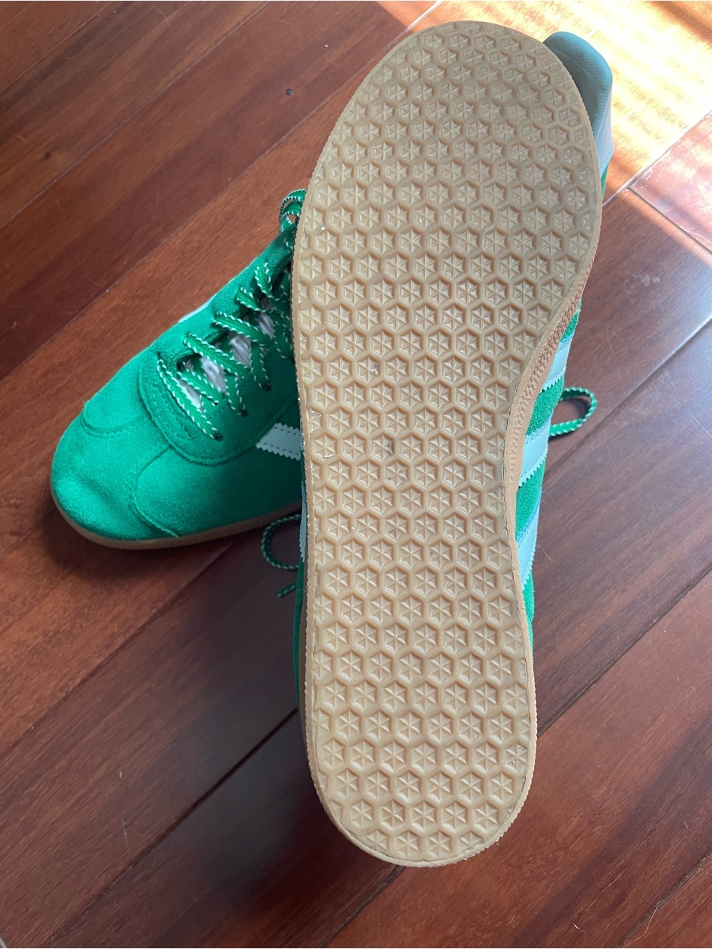 adidas Green Suede Sneakers with White Stripes and Gum Sole - Picture 4 of 6